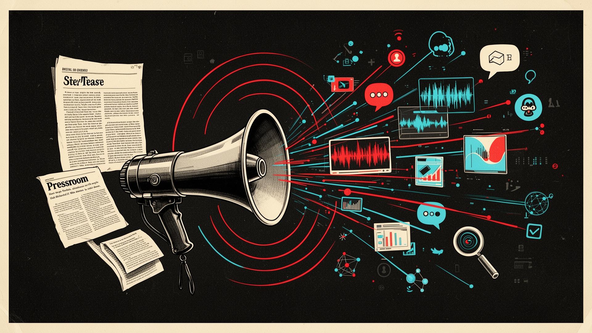 A pressroom bullhorn broadcasting modern content signals — articles, audio waves, video frames, slides, social posts, search and AI nodes.