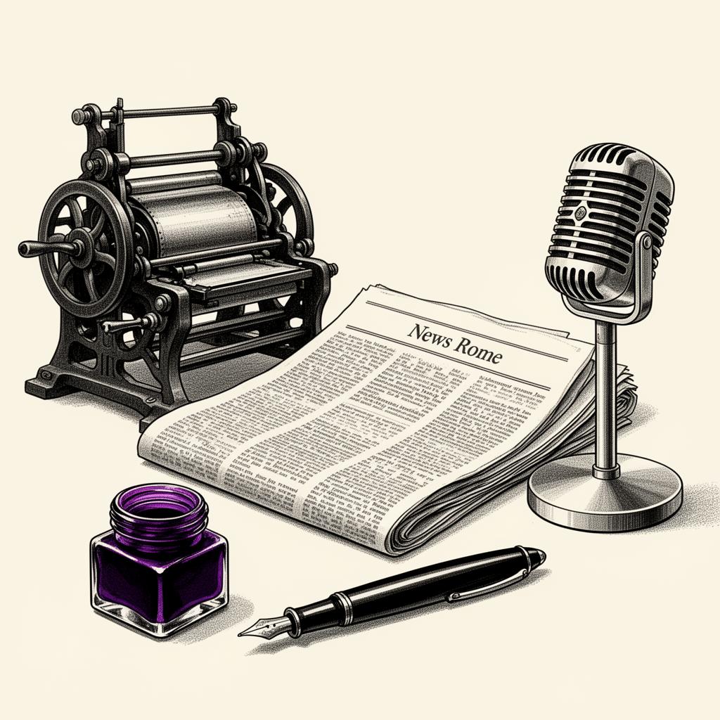 Vintage printing press, folded newspaper, and microphone — Press Pen Marketing